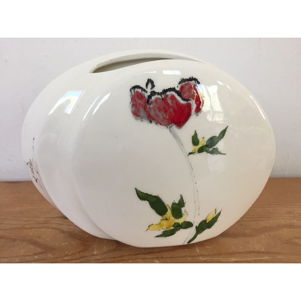 Vtg Barbara Baatz Handpainted Ikebana Poppy Signed Ceramic Wide Oval Flower Vase